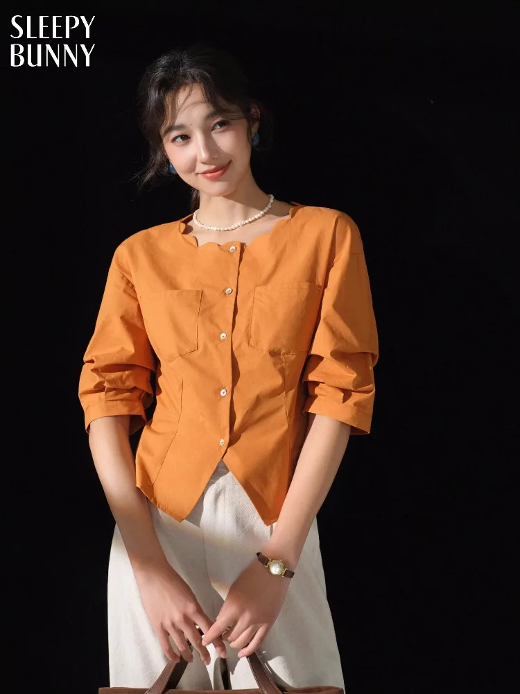 

Elegant Minimalist Petal Collar 3/4 Sleeve Shirt Blouse Slim Casual Office Wear Top Chic Autumn Vintage Commuting Outfit Women