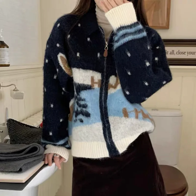 سستة محبوك سترة طوق معرض جزيرة عزر سترة مفتوحة فضفاضة لخريف شتاء المرأة Faion تريكو غير رسمي