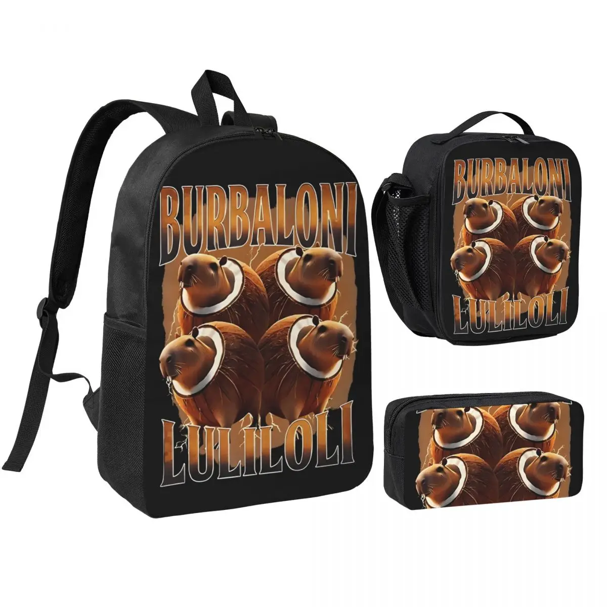 Burbaloni Luliloli Italian Brain Rot Ybara Meme 3pecs/set Backpack Italian Brainrot Laptop Canvas Bags Lunch bag Pencil Case