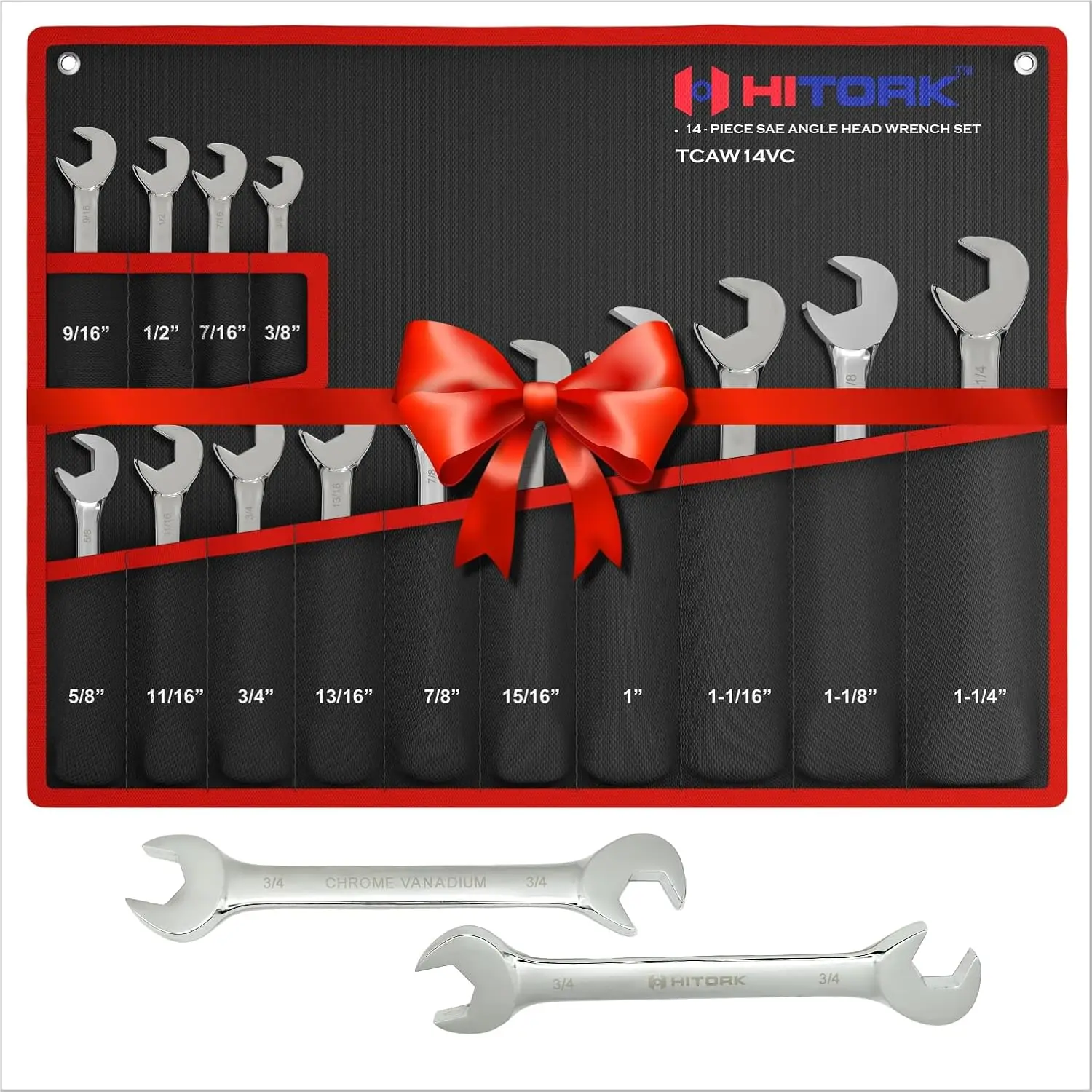 

14-Piece Angle Wrench Set, SAE 3/8' to 1-1/4', V-Groove, 15° & 60° Heads, Chrome Plated, Cr-V Steel