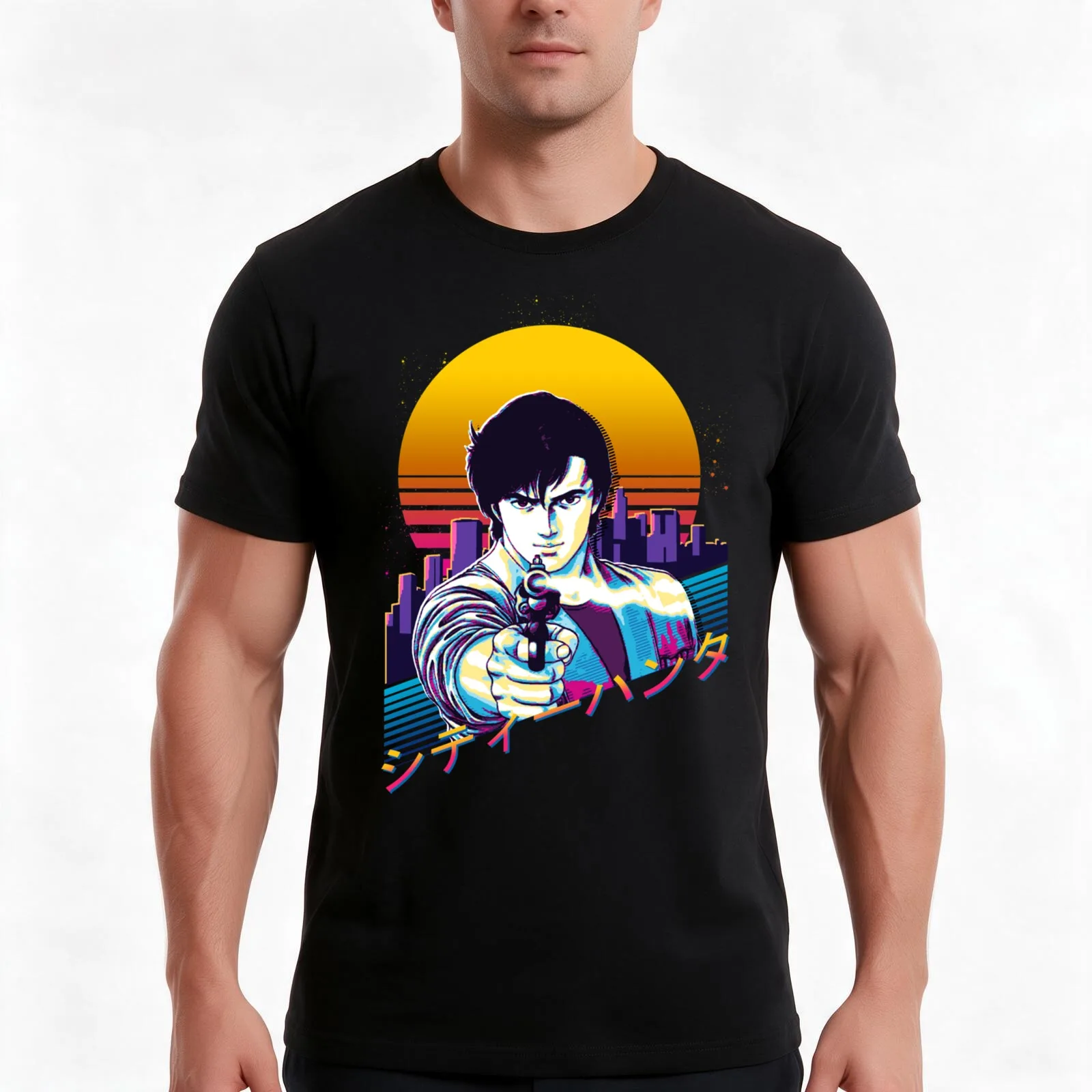 City Hunter - Ryo Saeba Retrowave Essential T-Shirt, Summer Casual Cotton Tee, Oversized Streetwear Tops, Vintage Graphic Print