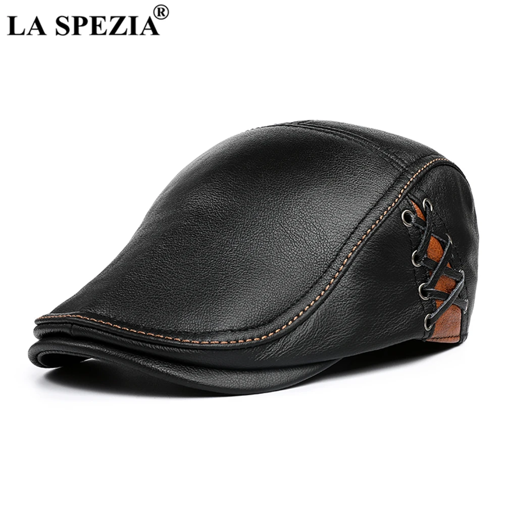 LA SPEZIA Flat Cap for Men Autumn Winter Real Leather Male Beret Patchwork High Quality Black Brown British Style Men\'s Ivy Cap