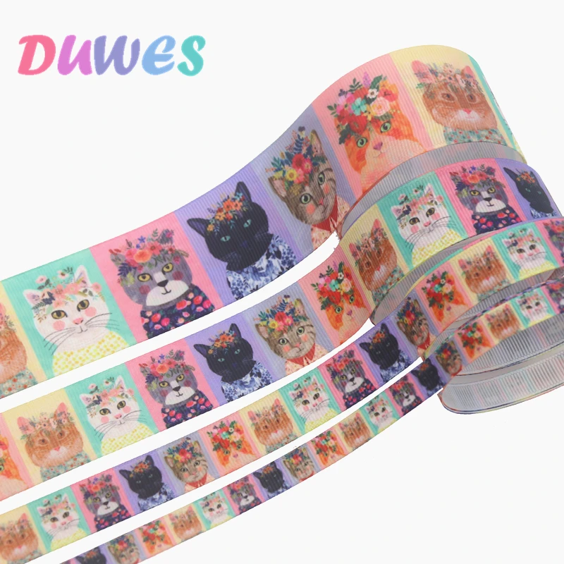 DUWES 4 sizes options 50yards cat Printed Grosgrain Ribbon Accessory Hairbow Headwear Decoration DIY Wholesale D1333