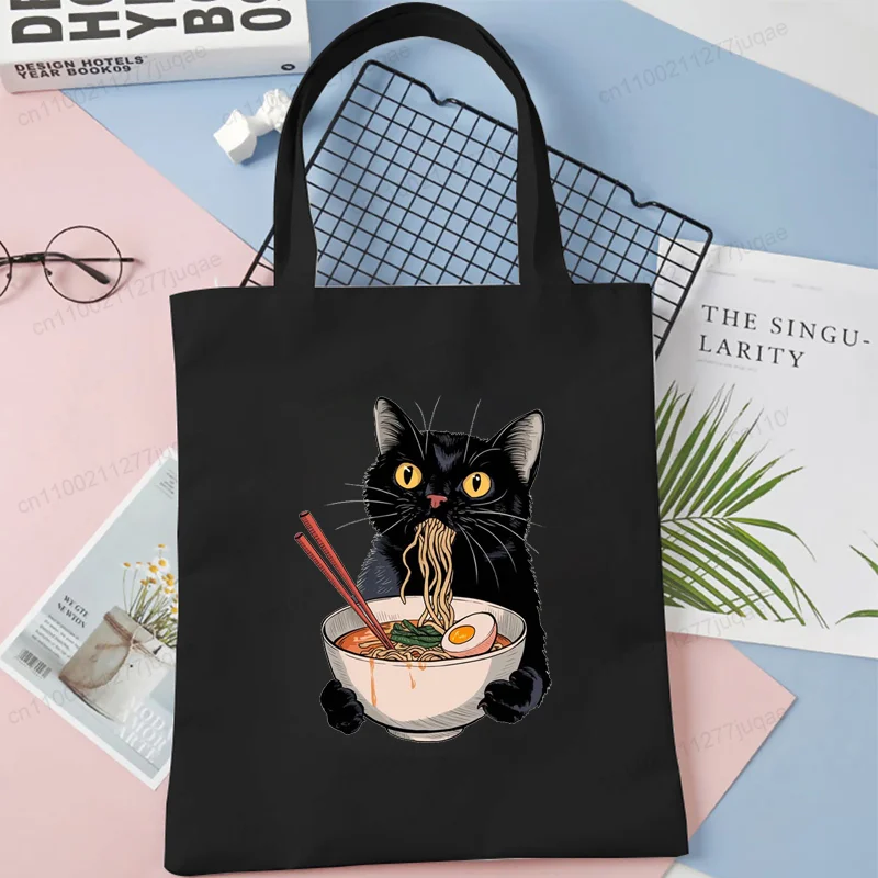 Ramen Cat Anime Graphic Women Canvas Shoulder Tote Bag Cartoon Animal Kitten Lover Funny Shopping Bag Students Reusable Handbags