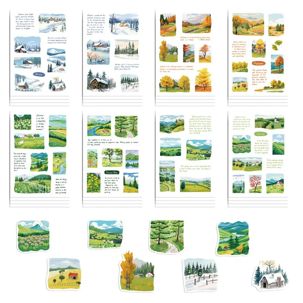 ชุดสติกเกอร์ทิวทัศน์สี่ฤดูสำหรับ DIY ที่คลุมโทรศัพท์แล็ปท็อปสมุดเก็บภาพติดรูป PVC กันน้ำ8แผ่น