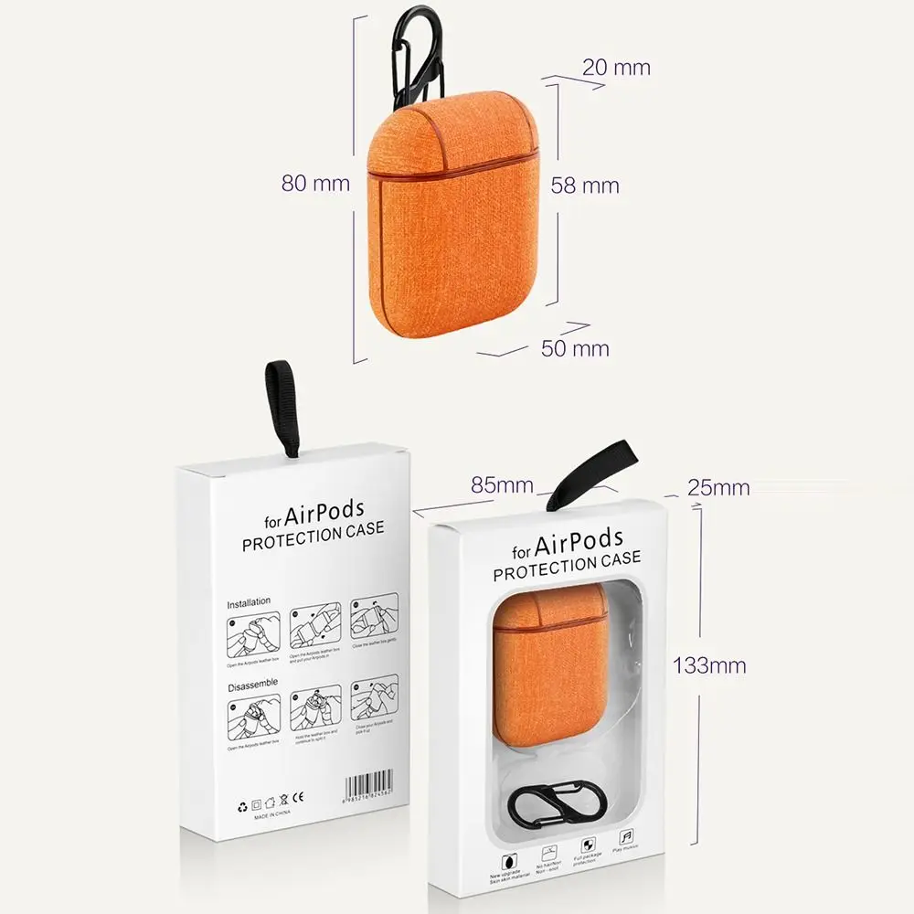 Estojo de fone de ouvido com textura de linho, anti-queda, à prova de poeira, caixa de carregamento, cor sólida com mosquetão para airpods 1/2