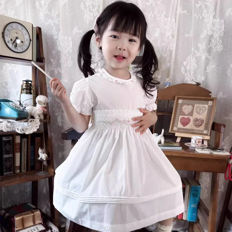 Teen Girl Clothes Children White VintageKorean Style Casual Outfit Summer Smock Dress Kids Girls Short Sleeve Simple Costume