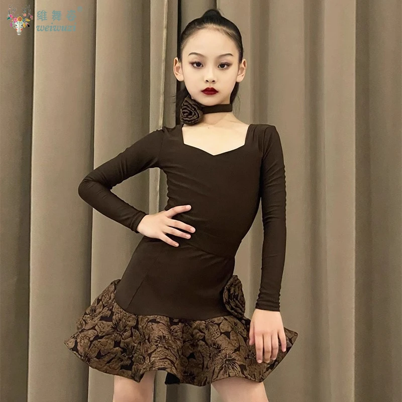 

Платье для латинских танцев с длинными рукавами для девочек, детское тренировочное платье, платье для самбы, танго, румбы, наряды для выступлений с ожерельем