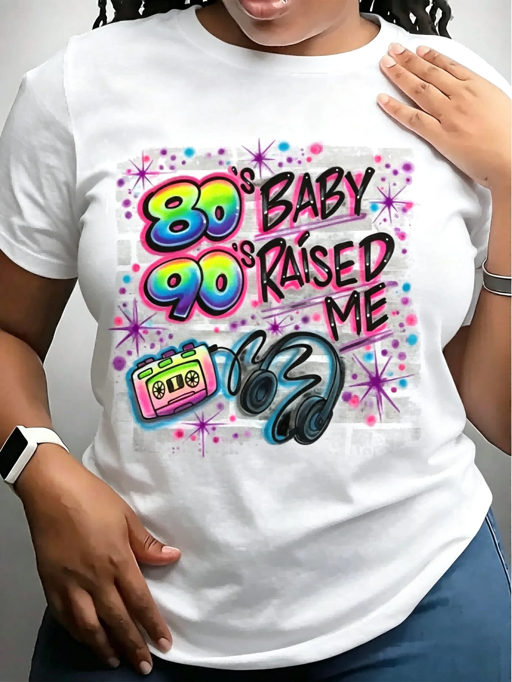 Plus Size 80s 90s Baby Raised Me Graphic Tee, Casual Round Neck Short Sleeve Regular Fit T-Shirt, Medium Stretch Top For Parties And Everyday Wear