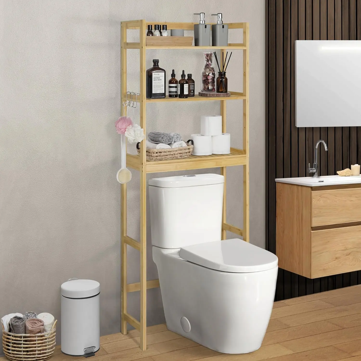 Bamboo Over The Toilet Storage, Behind Toilet Bathroom Shelf Rack with Hooks & Adjustable Feet,