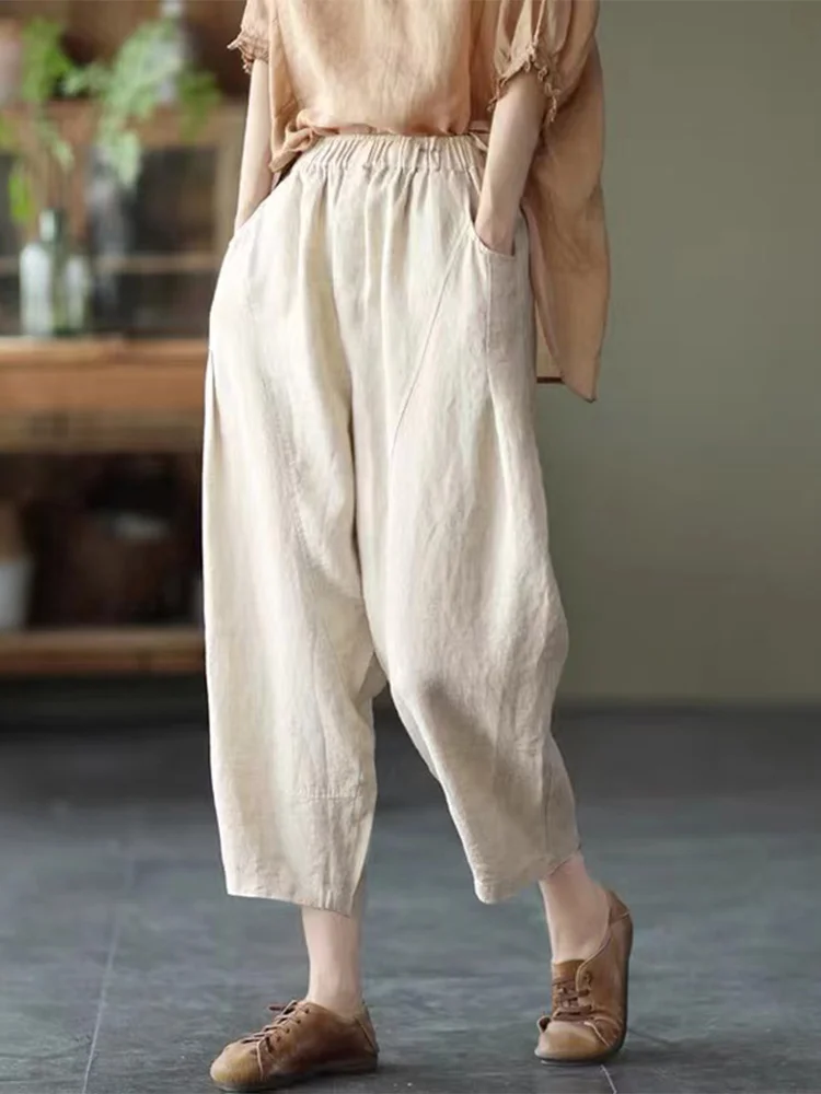 Pantaloni estivi da donna in lino di cotone sciolto Vita alta Harlan Sle Casual Loose Fit plus Size Pantaloni dimagranti a nove punti