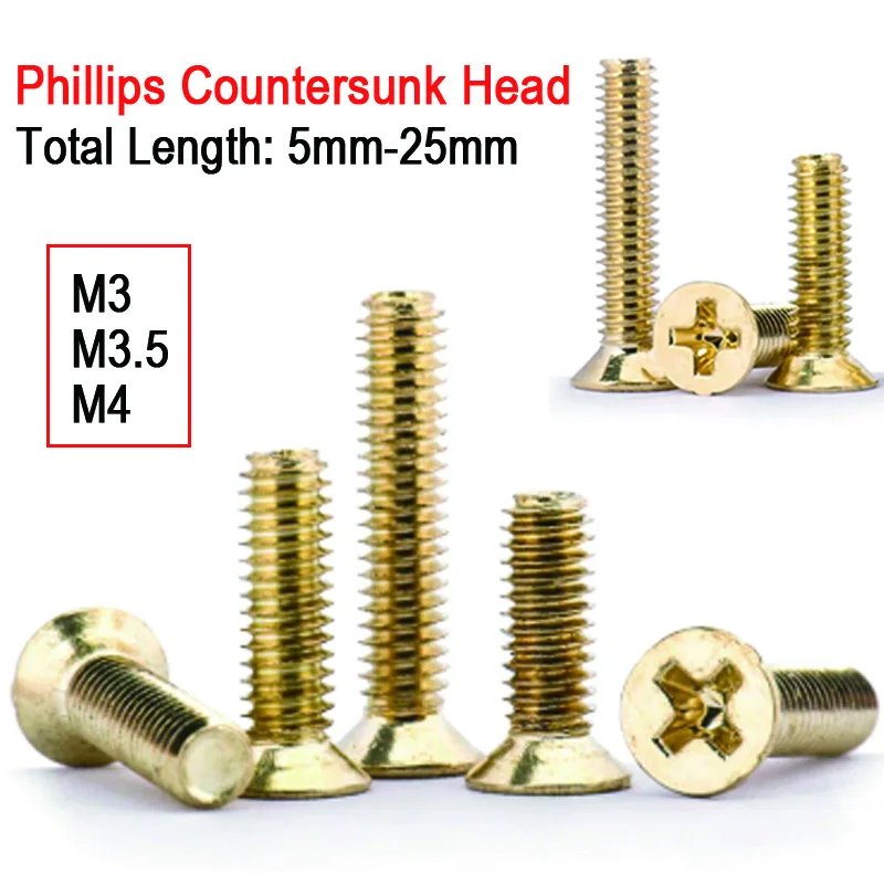 100~500pcs M3 M3.5 M4 Carbon Steel Imitation Gold Plated Cross Recessed Phillips Flat Countersunk Head Screw Bolt Length 5~25mm