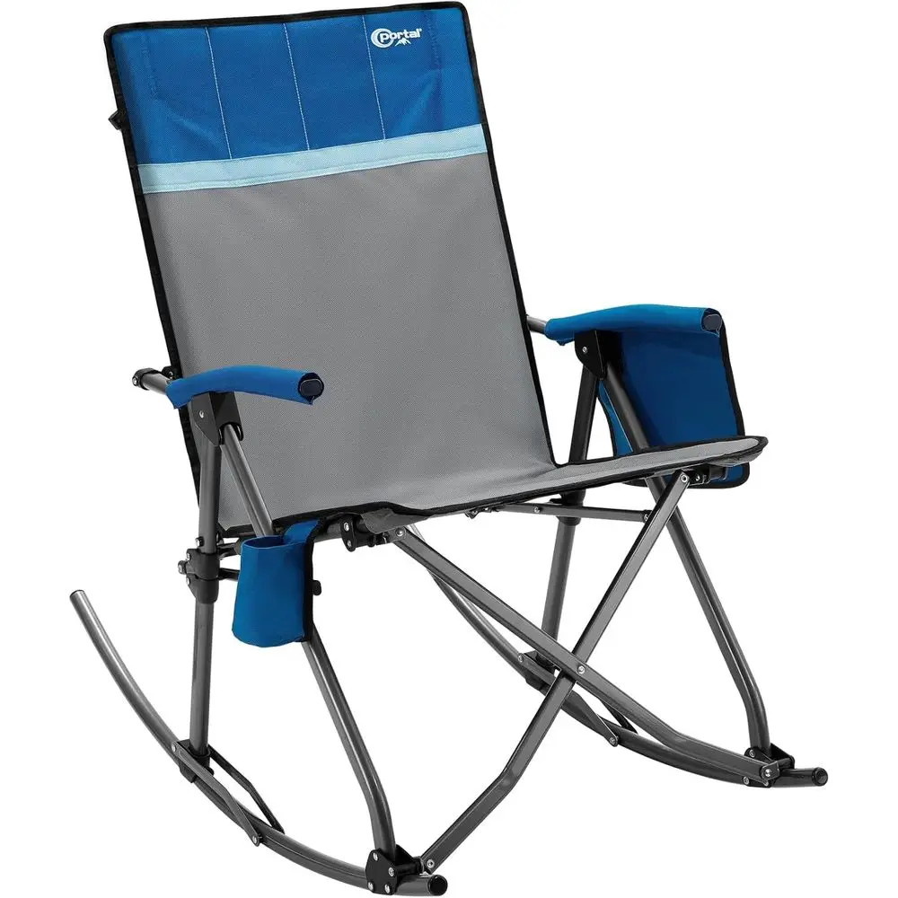 

Portable High-Back Outdoor Rocking Chair with Padded Back, Grey & Blue, Supports 400 lbs