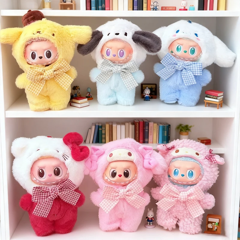 Ubranka dla lalek Labubus 15-17 cm, pluszowy kaptur Mickey Stitch, Sanrio Hello Kitty, Cinnamoroll, Melody, Kuromi, Pochacco, akcesoria, sukienka