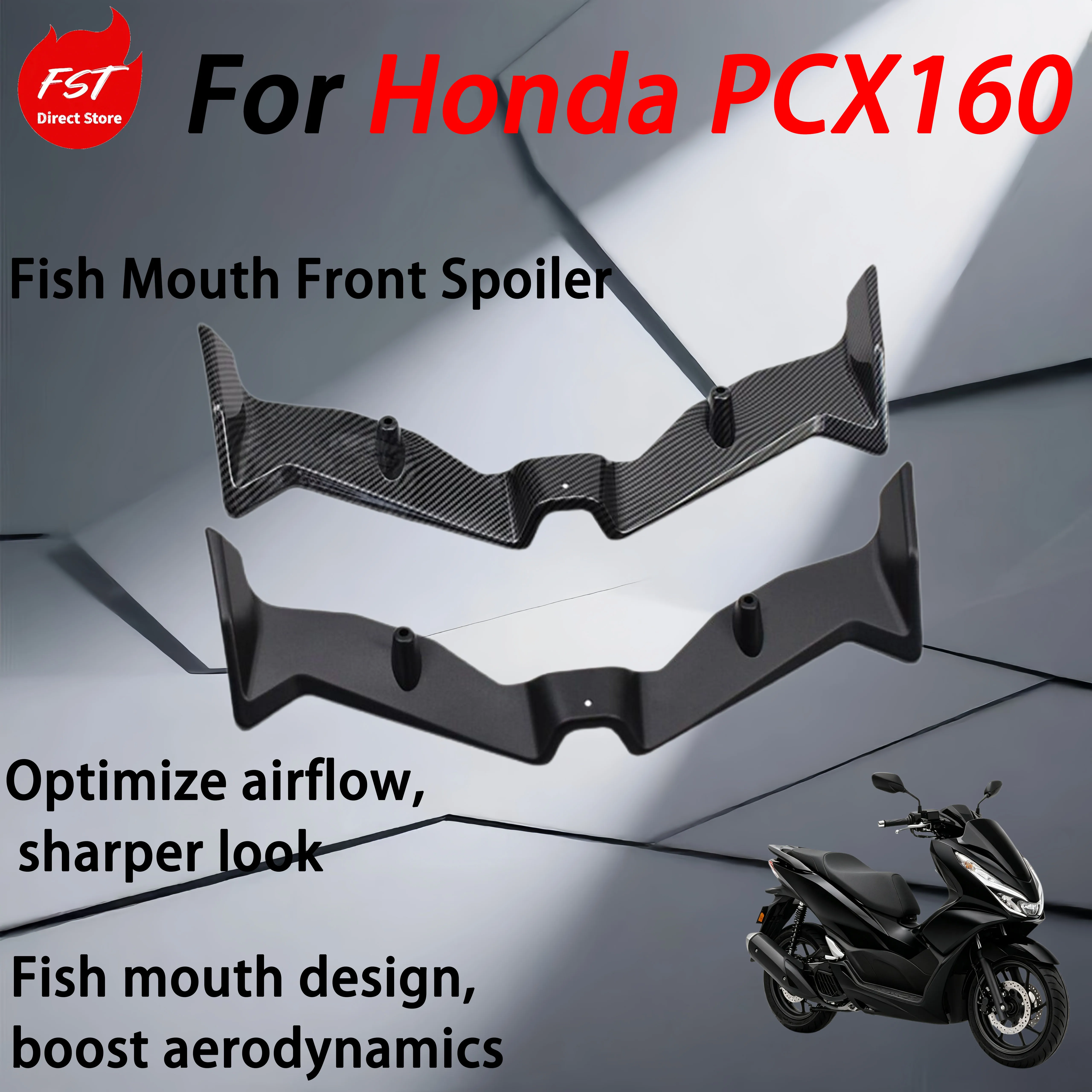 For the Honda PCX160 motorcycle, install the lower lip, fish-mouth style downforce wing and bird-mouth front lip spoiler.