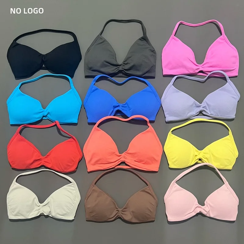 HISTELLO-Sujetador de tiras de impacto para mujer, Top de gimnasio con soporte alto, tirantes finos, sujetadores deportivos sin costuras con cuello Halter, camisetas sin mangas para entrenamiento de realce y Yoga