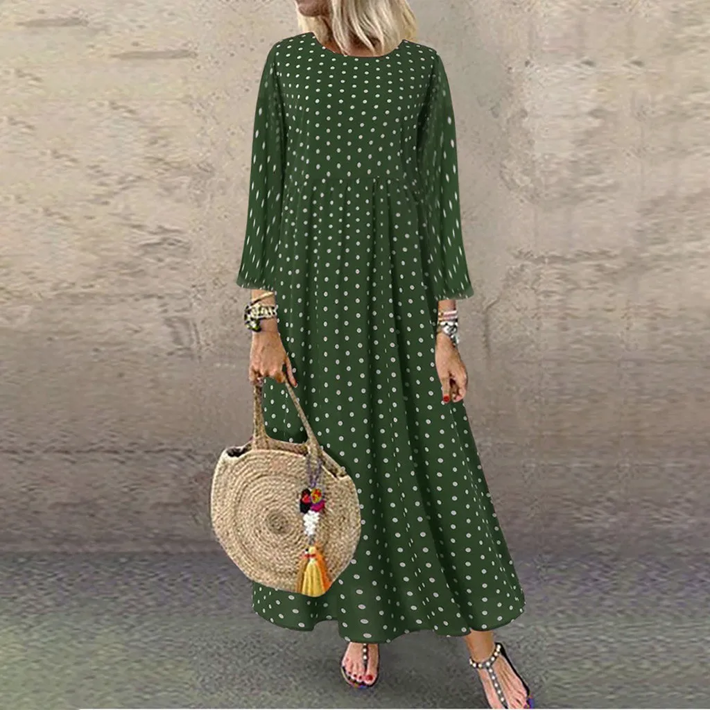 Plus Size Dot Print Dresses Fashion O Neck  Casual Dress For Women Elegant Summer Long Sleeve Ruched Long Dress Vestido De Mujer