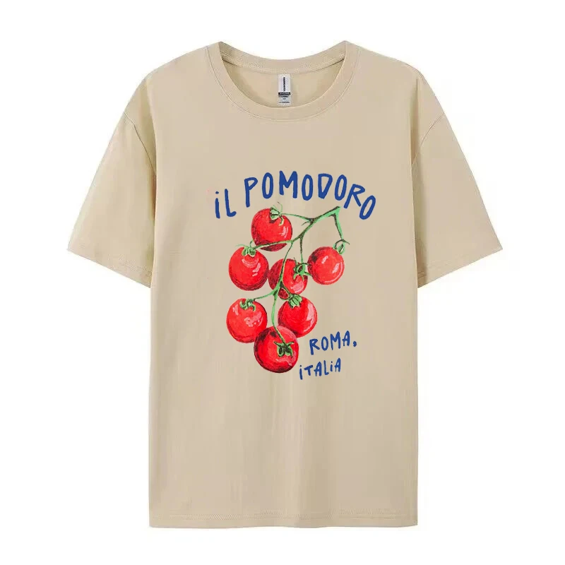 Damska koszulka z krótkim rękawem i okrągłym dekoltem z nadrukiem pomidorów, urocza estetyczna koszulka owocowa, modna odzież damska, stroje plażowe