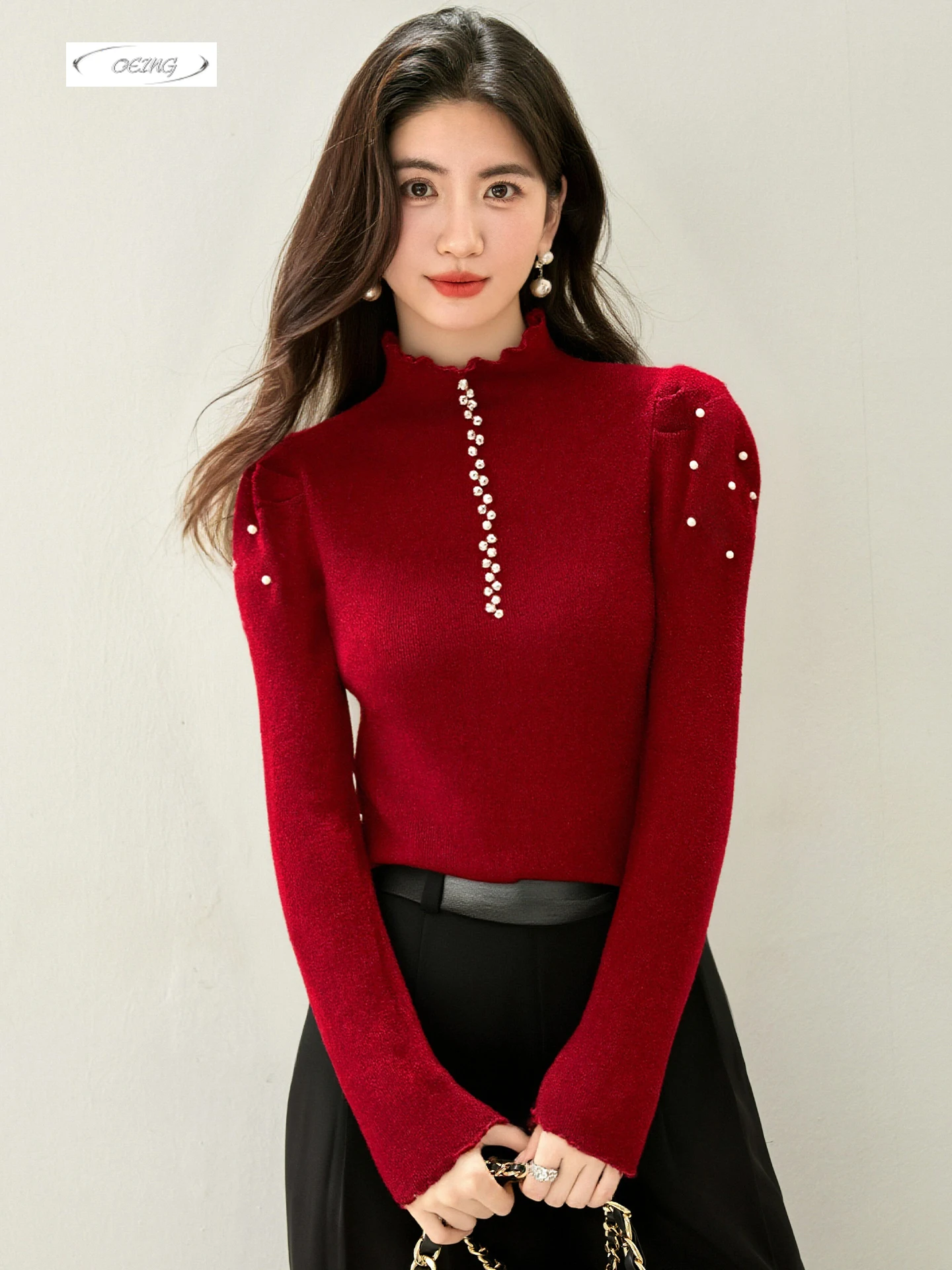 

Women Fashion Beading Mock Neck Long Sleeve Red Bottoming Shirt Knitted Pullover Sweater Autumn Winter Elegant Slim Tops 9686