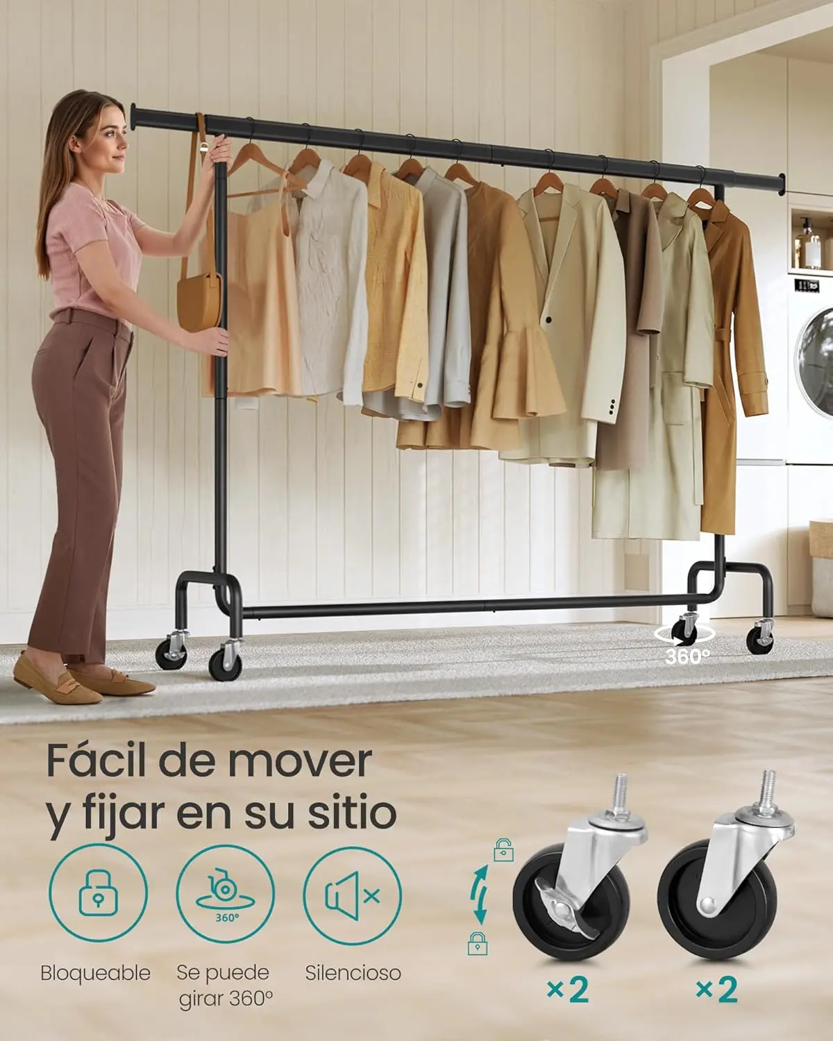 Burro Ropa con Ruedas, Perchero Burro Extensible con Carga Pesada, Capacidad de Carga de 110 kg,Plata/Negro Mate