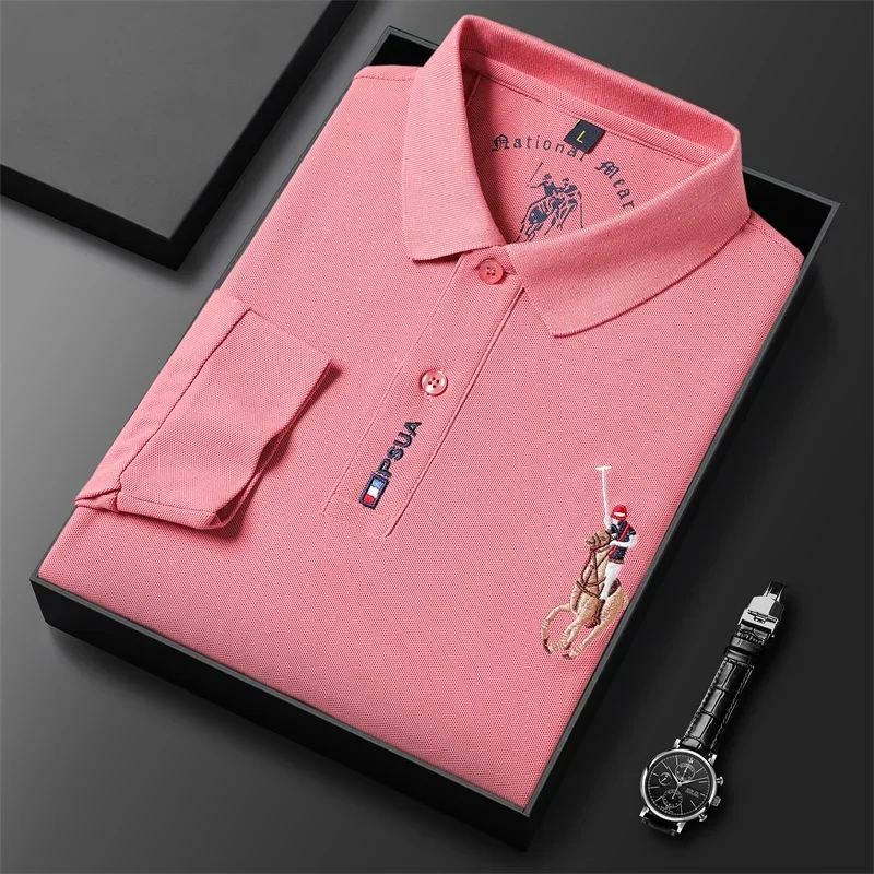 New Men\'s Casual Embroidery Long Sleeve Polo Shirt Fashion Solid Color Top