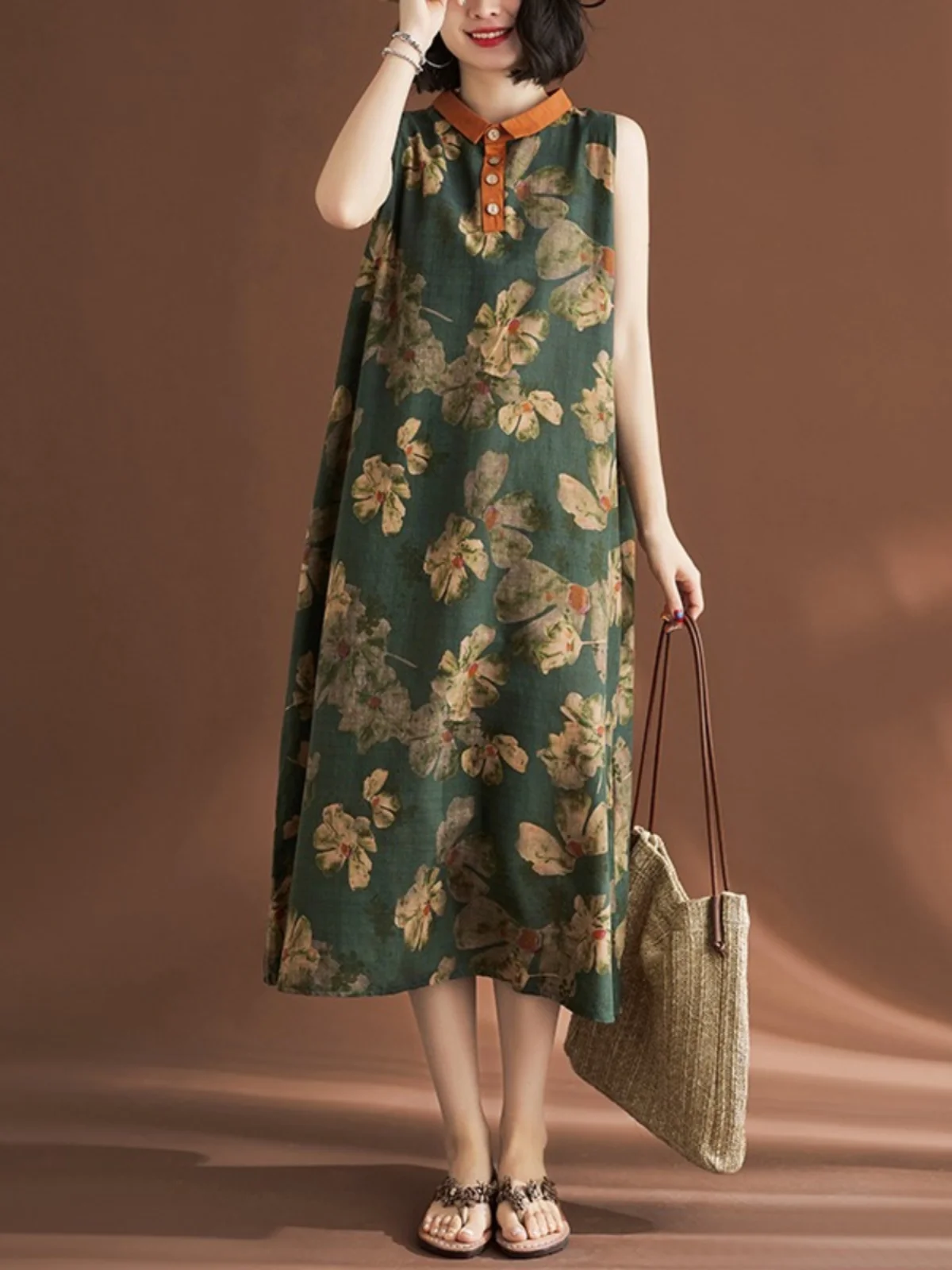 Retro Floral Print Sleeveless Long Dress Vest Cotton Linen Material A-Line Silhouette Summer Collection Elegant Style