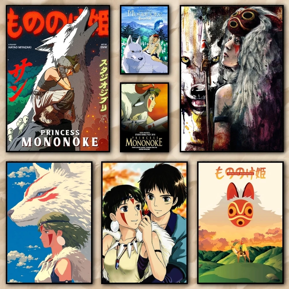 P_PrincesS Anime M_MononokES Malerei Kalligraphie Hochwertige Leinwand Poster Wandkunst für Büro Restaurant Home Dekoration Set