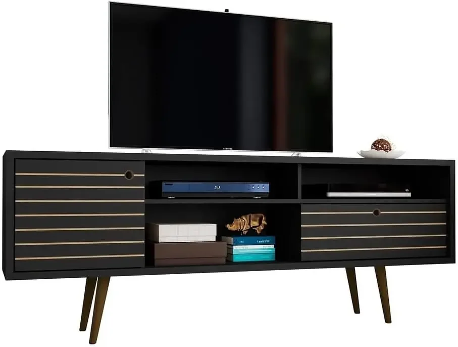 Moderne Woonkamer Tv-Standaard Midden Van De Eeuw Met Planken En Een Kast Met Gespreide Poten, 202amc: 70.86 Inch, Zwart