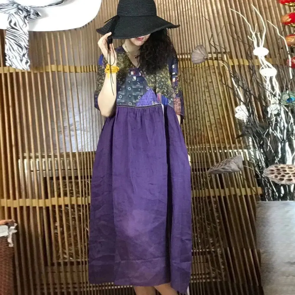 Été coton lin grande taille imprimé Dr vêtements pour femmes v-ne a-ligne longue Dr confortable taille ample T-shirt Sle