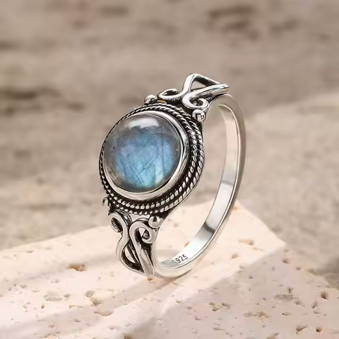 Vintage 925 Sterling Silver Ring With Natural Labradorite Stone 8MM Round Shape Strong Light Gemstone Ring Gifts For Women Men