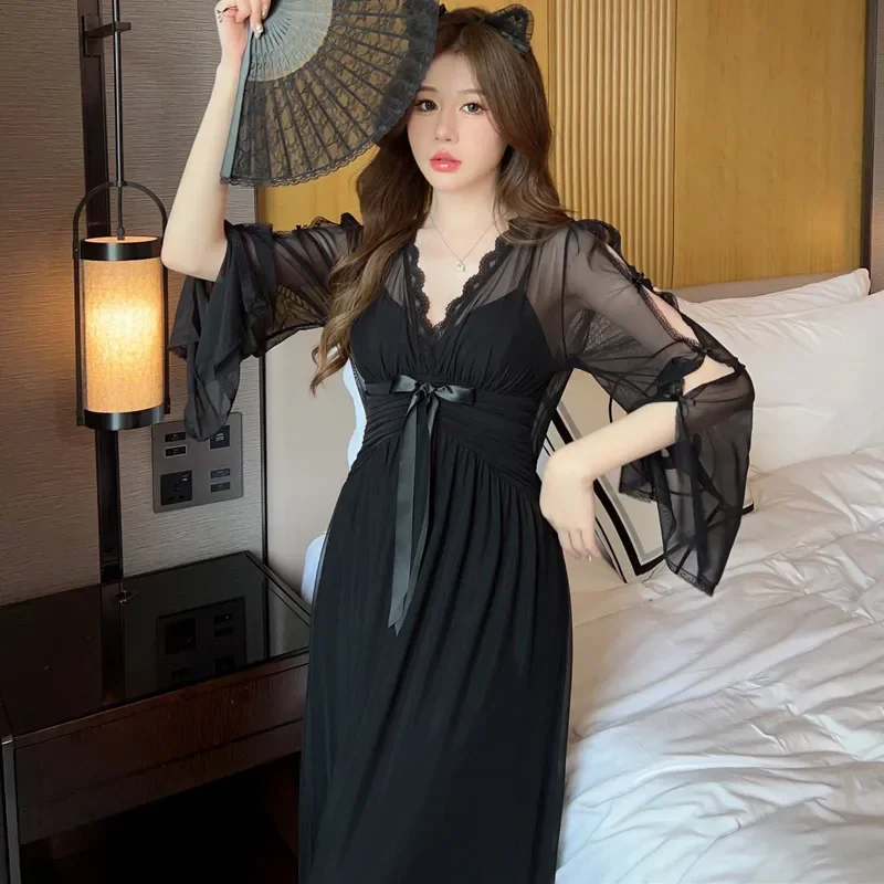 V-Neck Nightgown Women Long Sleeve Sleepwear Bathrobe Dressing Gown Lingerie Court Style Summer Mesh Nightdress Loungewear