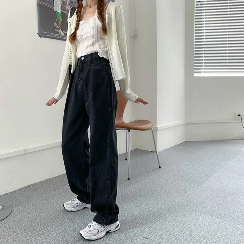Women Black High Waist Oversized Denim Pants Vintage Wide Legs Straight Jeans 2023 Spring New Casual Long Trousers Korean Style