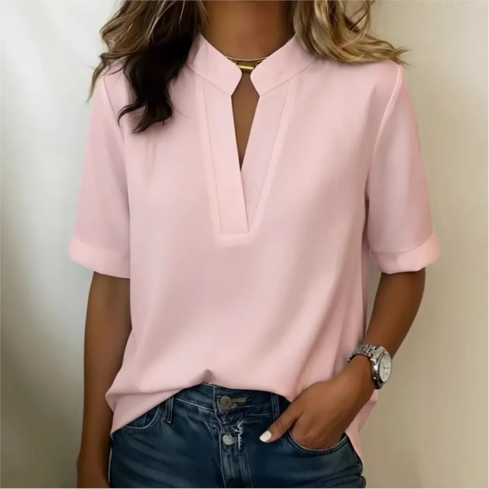 

New Summer Casual V-neck Short-sleeved Solid-color Blouse For Women's Loose Simple Versatile Elegant White Top Female 2026