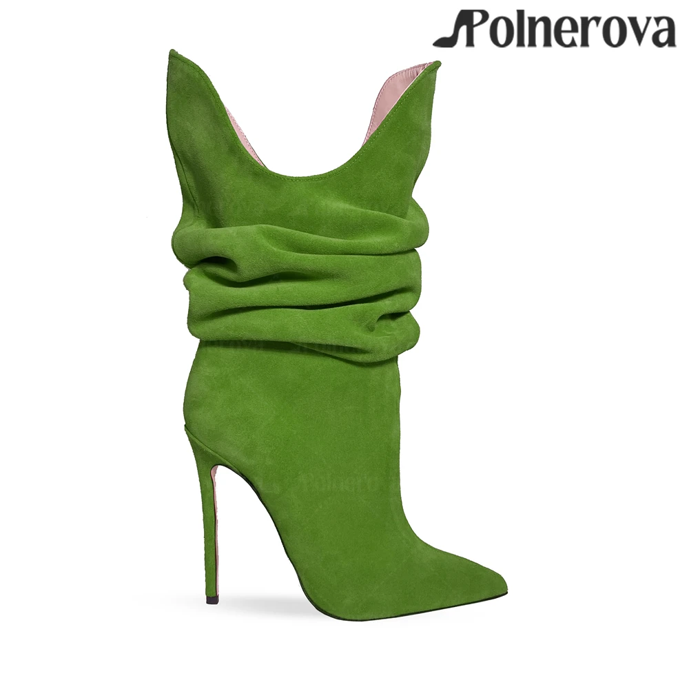 

Pointed Toe Tubular Suede Boots Fashion Shirred Boots Sexy Fashion Warm Winter Boots Stiletto Modern Mid-Calf Boots for Women