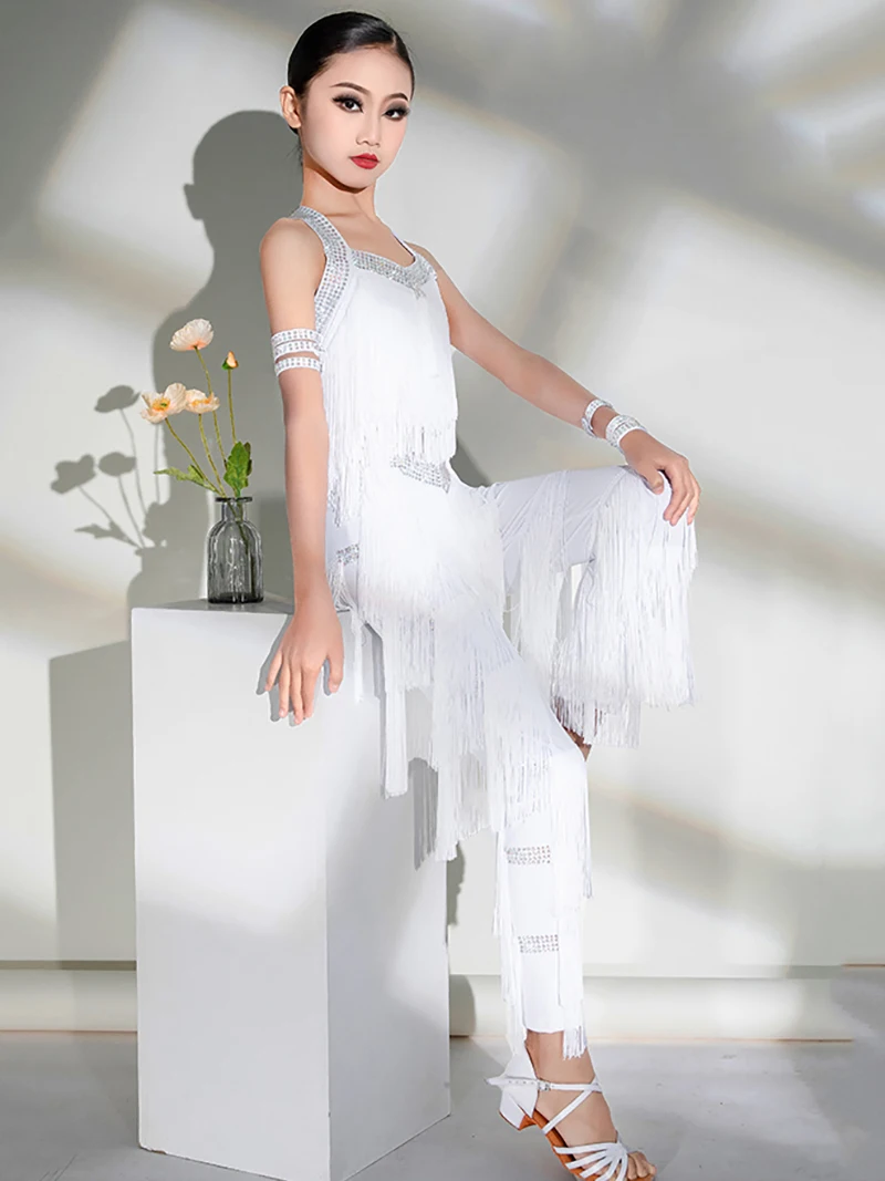 

Kids Girls Latin Dance Costume Rhinestone Tassel Tops Pants Cha Cha Rumba Samba Performance Dancewear Competition Clothing TS497