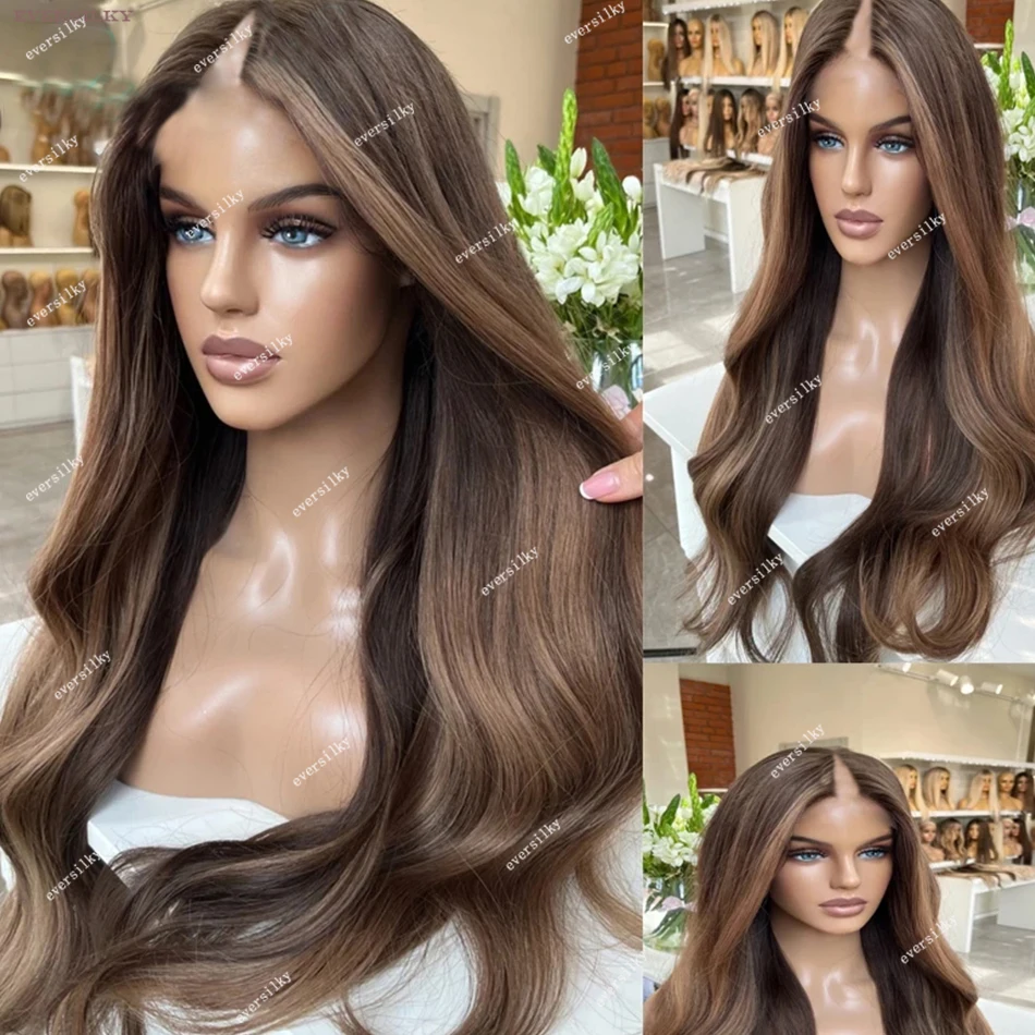 Wig Bagian V berombak pirang coklat kilau kastanye 100% Wig rambut manusia Remy Ombre rambut stroberi tubuh gelombang penuh bentuk U 250% ujung