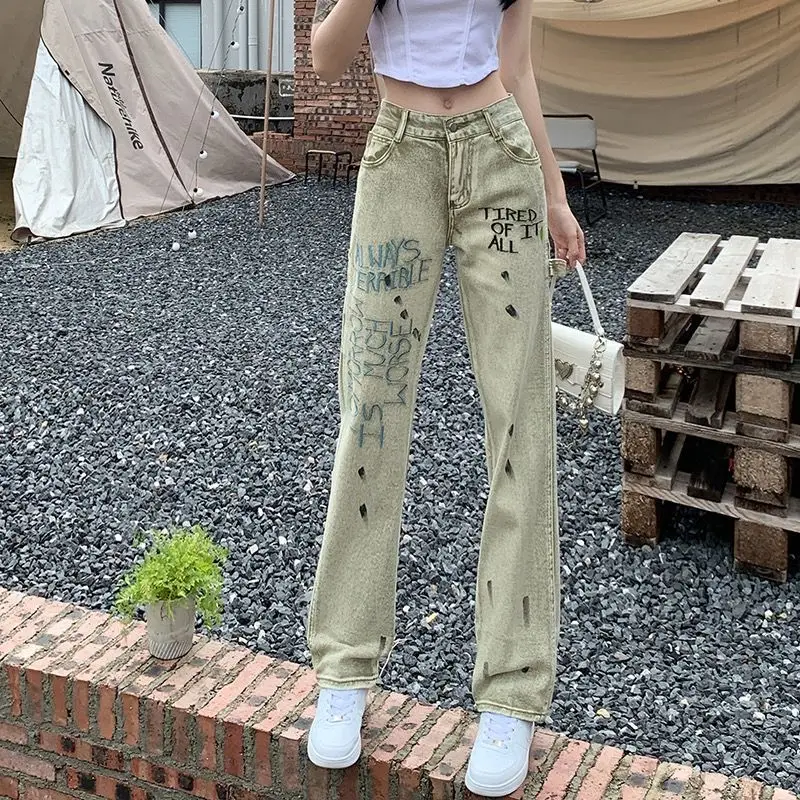 New American Embroidered Spicy Ink Spicy Girl Jeans Women's High Waist Slim Trend Versatile Loose Straight Leg Wide Leg Pants