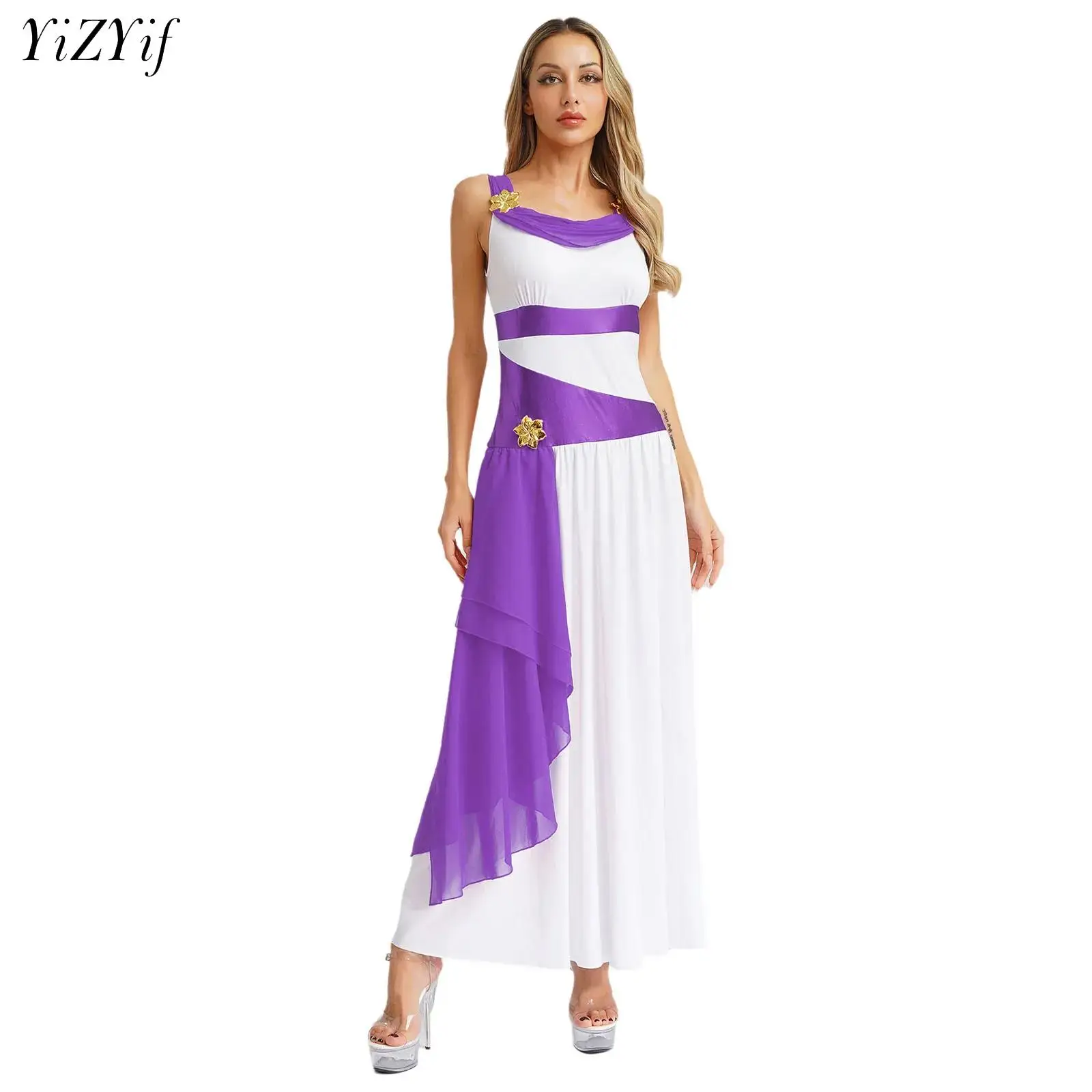 

Women Ancient Greek Roman Queen Princess Toga Halloween Party Cosplay Grecian Costume Sleeveless Flower Chiffon Dress Gown