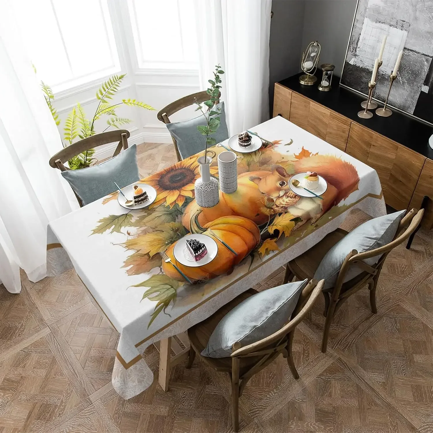 Table Decor Fall Squirrel Pumpkin Maple Leaf Waterproof Tablecloth Farmhouse Kitchen Dining Tablecloth Holiday Party Decor