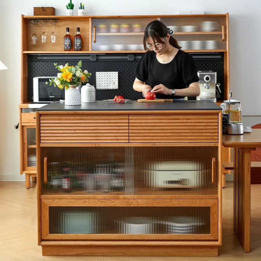 Cherry wood Nakajima open kitchen dining table integrated cooking storage