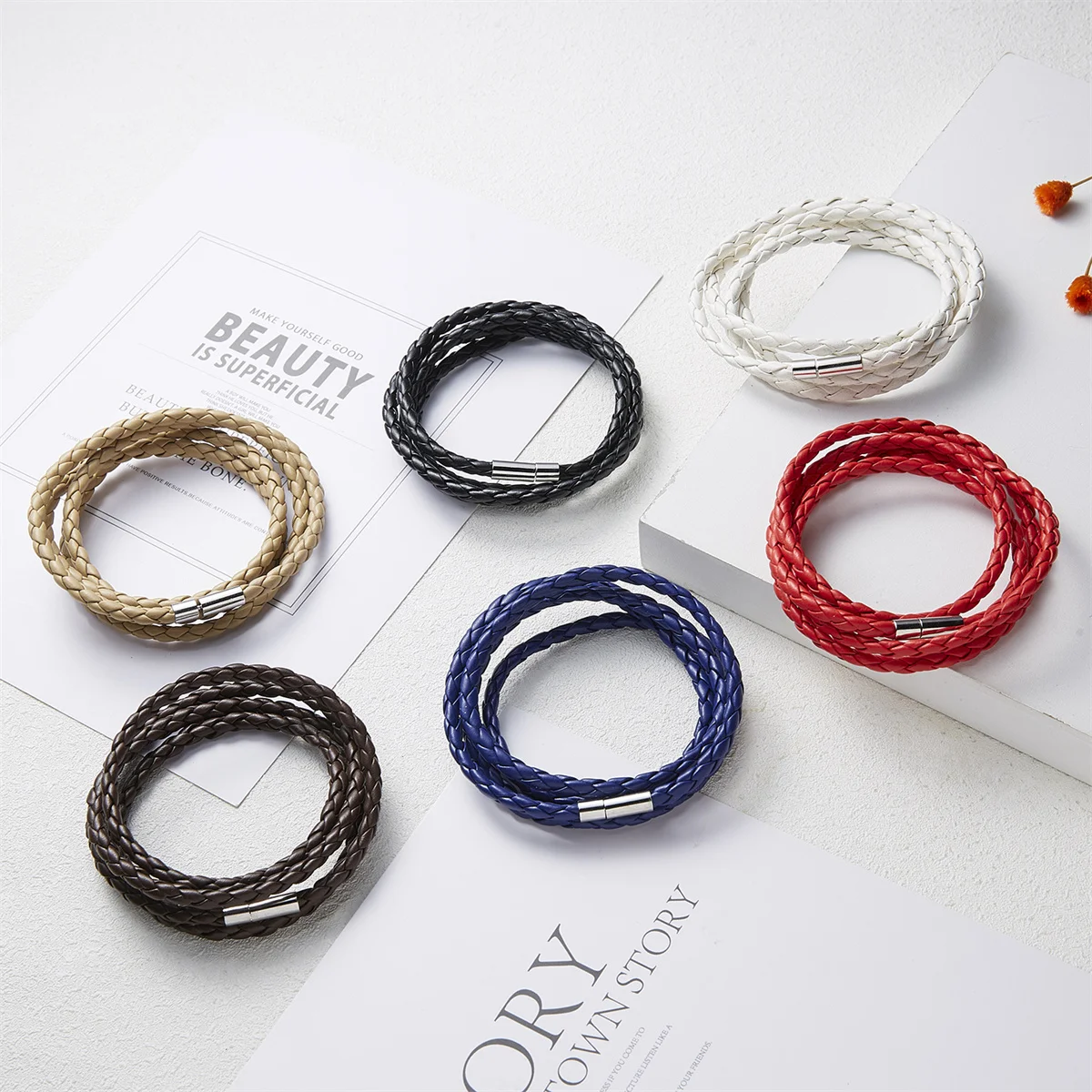 Vintage 4 Layers Leather Bracelets For Men Women Handmade 4mm Black White Red Blue PU Leather Bracelet Punk Party Jewelry Gifts