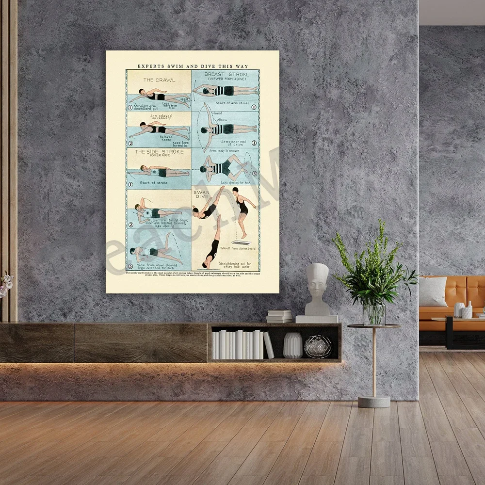 Vintage swimming poster, swimming and diving infographic, swimming guide print, swimmer diving into pool infographic