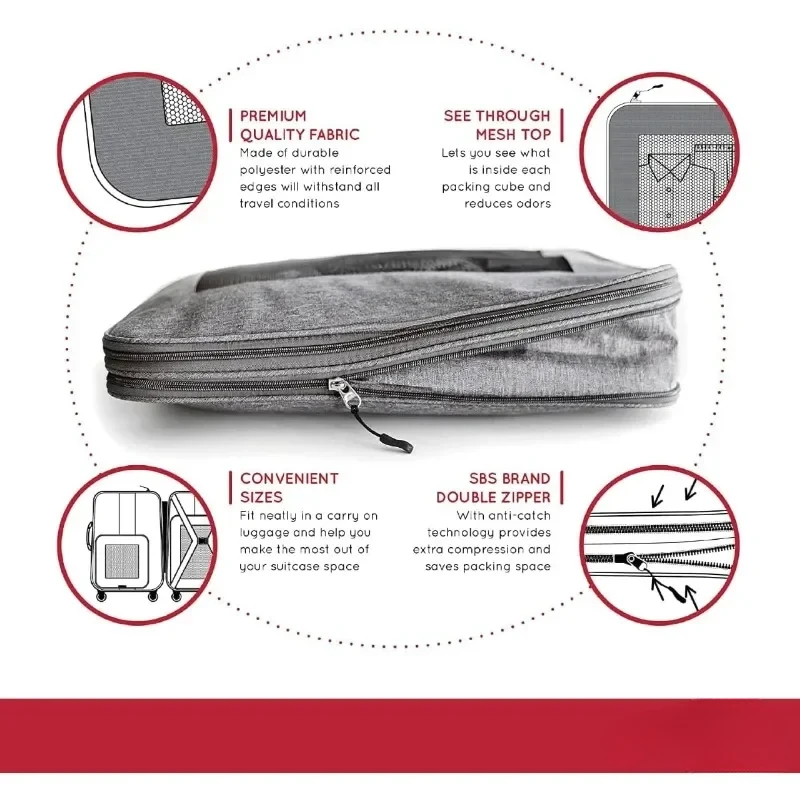 Compression Packing Cubes for Travel Organizers with Double Zipper (6-Pack (2L+2M+2S), Grey)