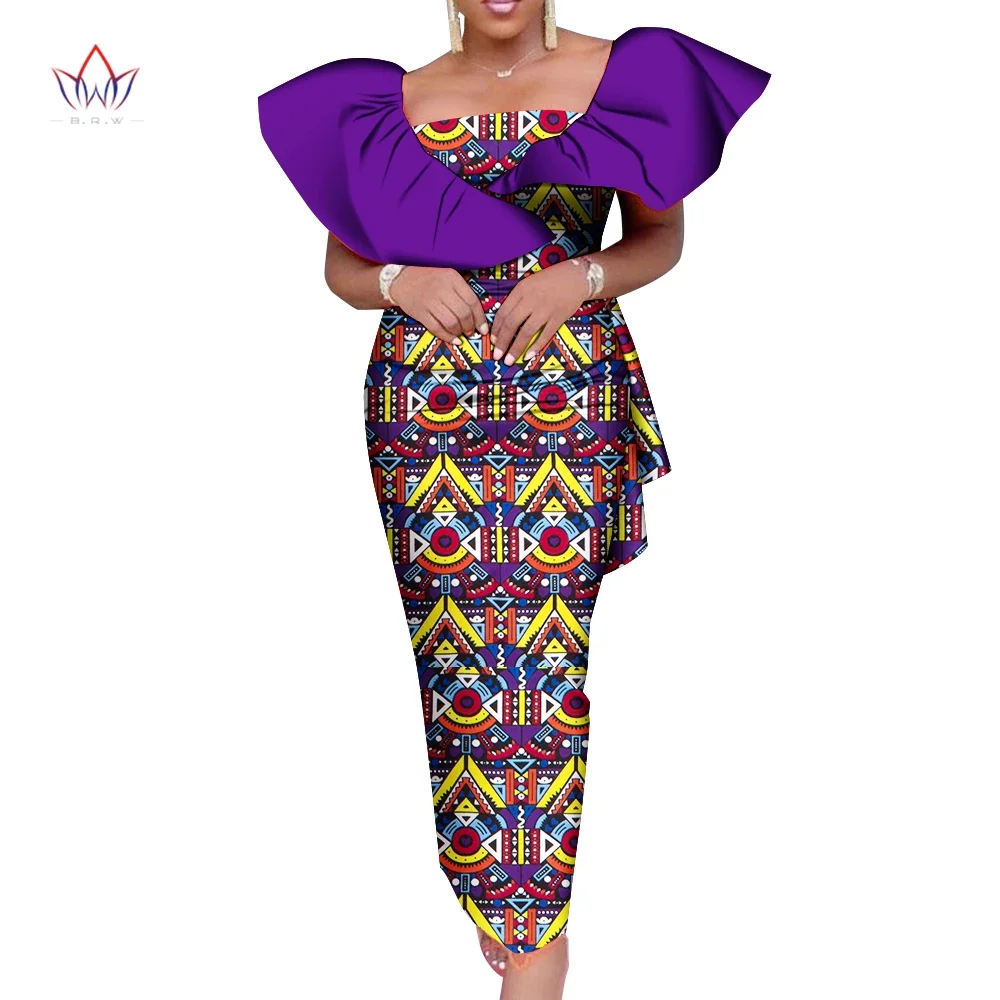 Bintarealwax African Dress for Women Vestidos Ruffles Sleeve Long Pencil Dress Party African Clothing Dashiki Plus Size WY900