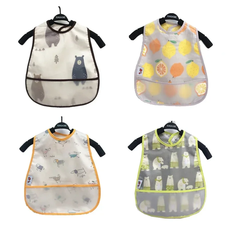 Baby Cartoon Pattern EVA Waterproof Feeding Bibs with Pocket Adjustable Cute for Children Apron Kids Boy Girls Burp Cloths Stuff