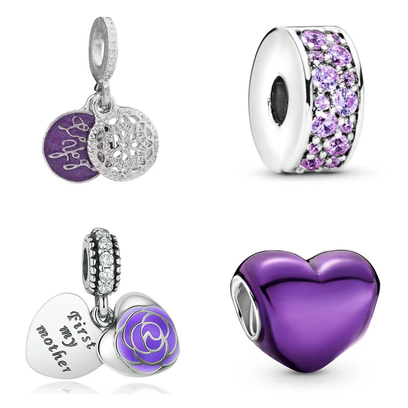 Purple Love Heart Diamonds Charms Beads For Pandora Bracelets Keychain Necklace DIY Jewelry Accessories For MOM Festive Gifts