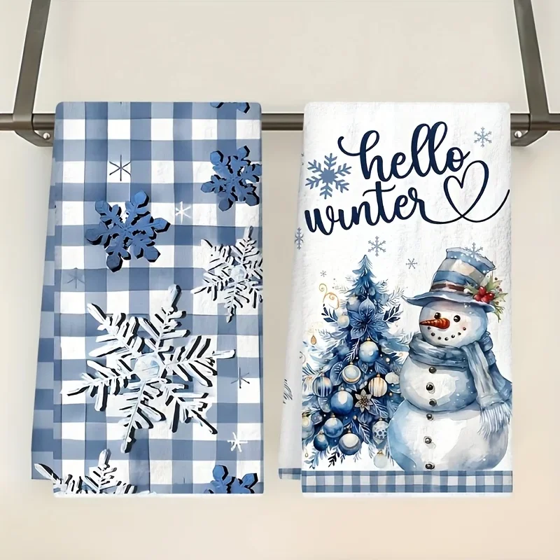 2 packs of Hello Winter Christmas dish towels, blue and white snowman pattern, absorbent hand towels
