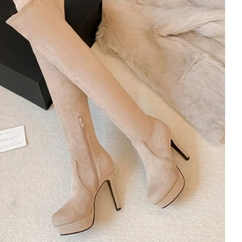 

Apricot Suede Platform Side Zipper Stiletto Over The Knee Boots Woman Winter 2026 Black High Heel Thigh High Boots Slim Boots