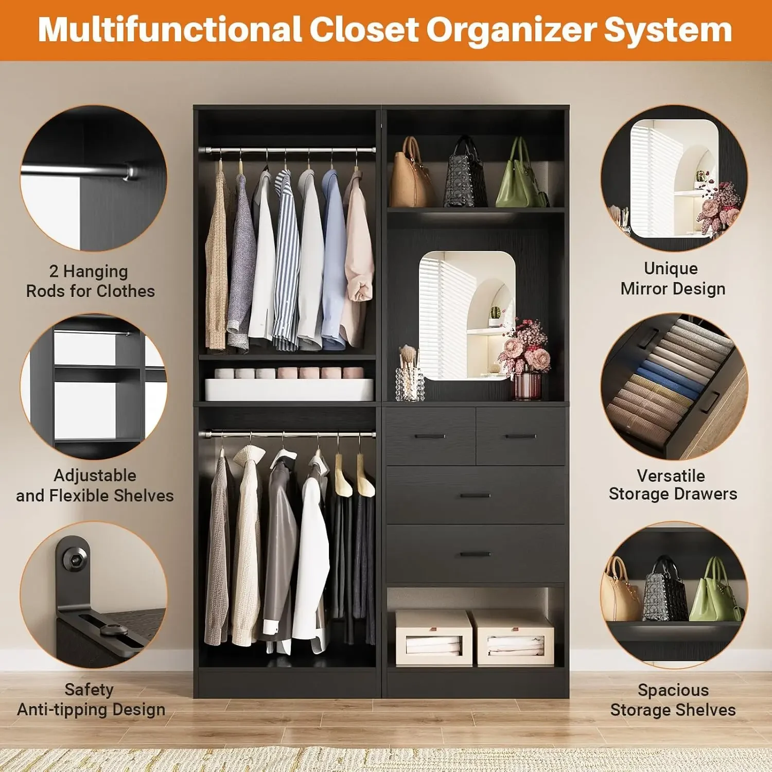 50” Closet System, Freestanding Closet Organizer , Adjustable Clothes Garment Rack with Mirror, Heavy Duty Wood Walk , Black