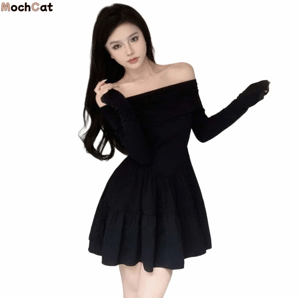 

Французская милая тонкая короткая юбка с длинными рукавами, облегающая корейская мода, платье с одним воротником, короткая юбка трапециевидной формы для отдыха Y2K, осень-весна